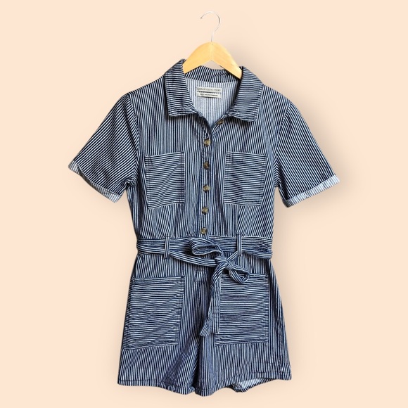 Urban Outfitters Carmen Striped Button Front Playsuit One Piece Shorts Romper M - Picture 1 of 16